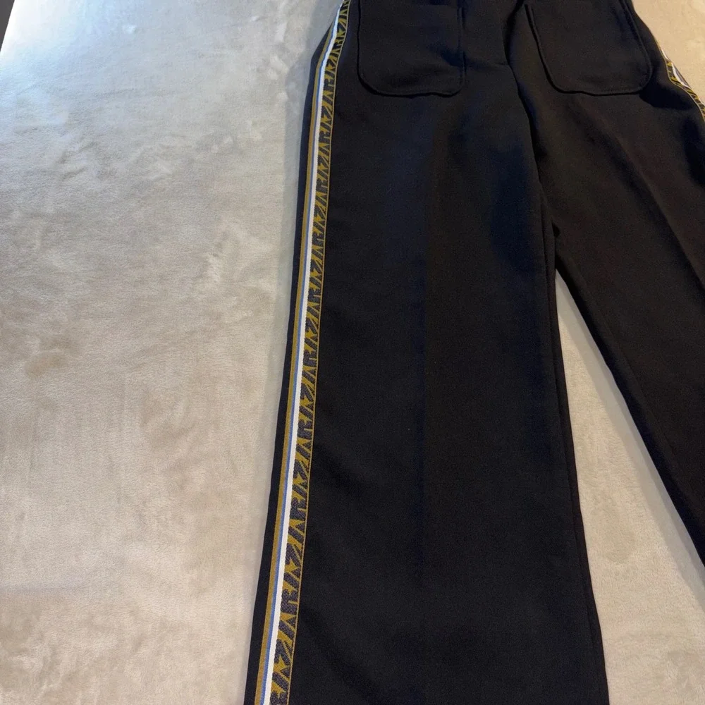 Zara Basic Black Wide Leg Side Stripe Trousers Gold Geometric Tape Small